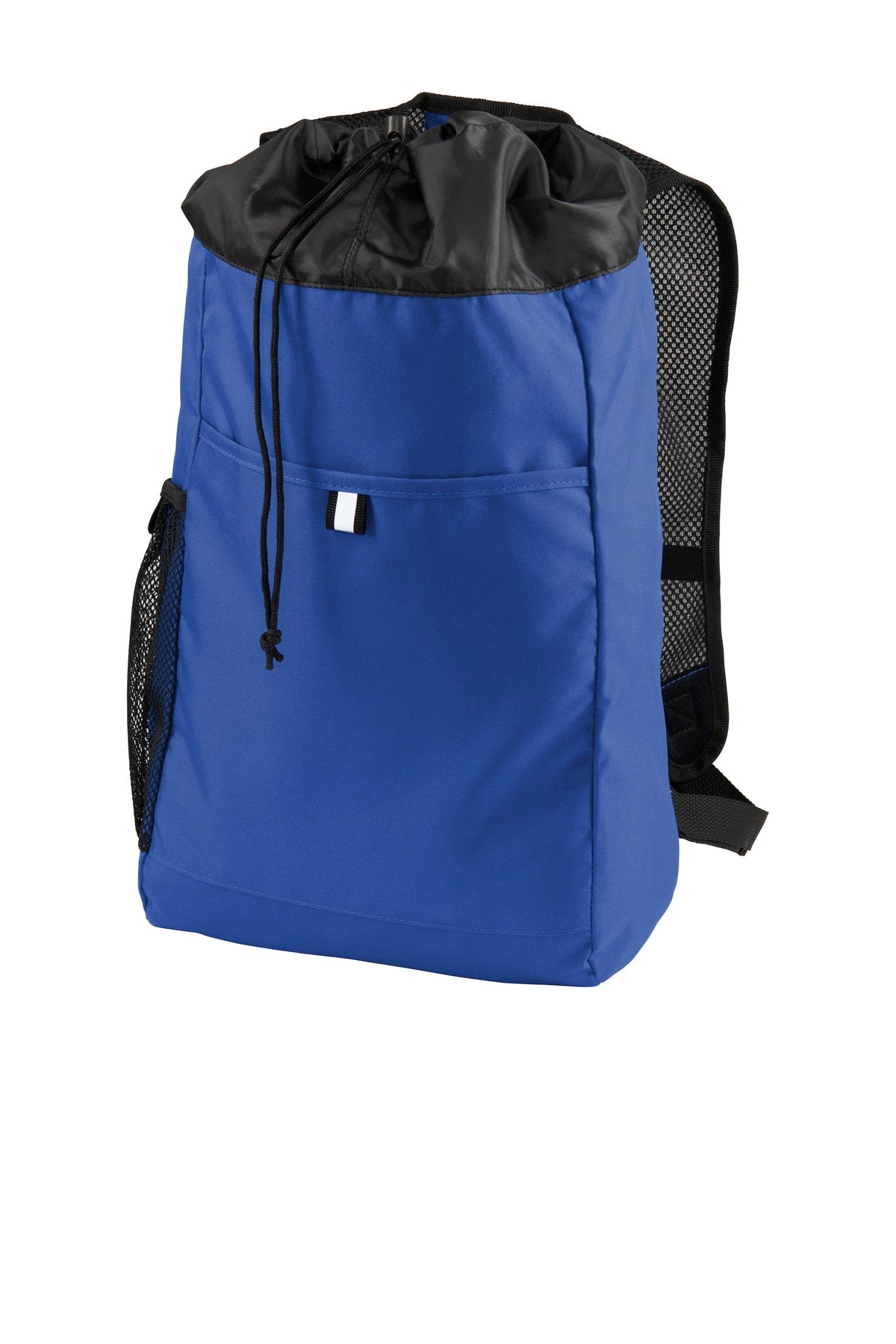 Port Authority hybrid backpack in royal and black color, featuring multiple compartments and padded straps for versatile carrying.