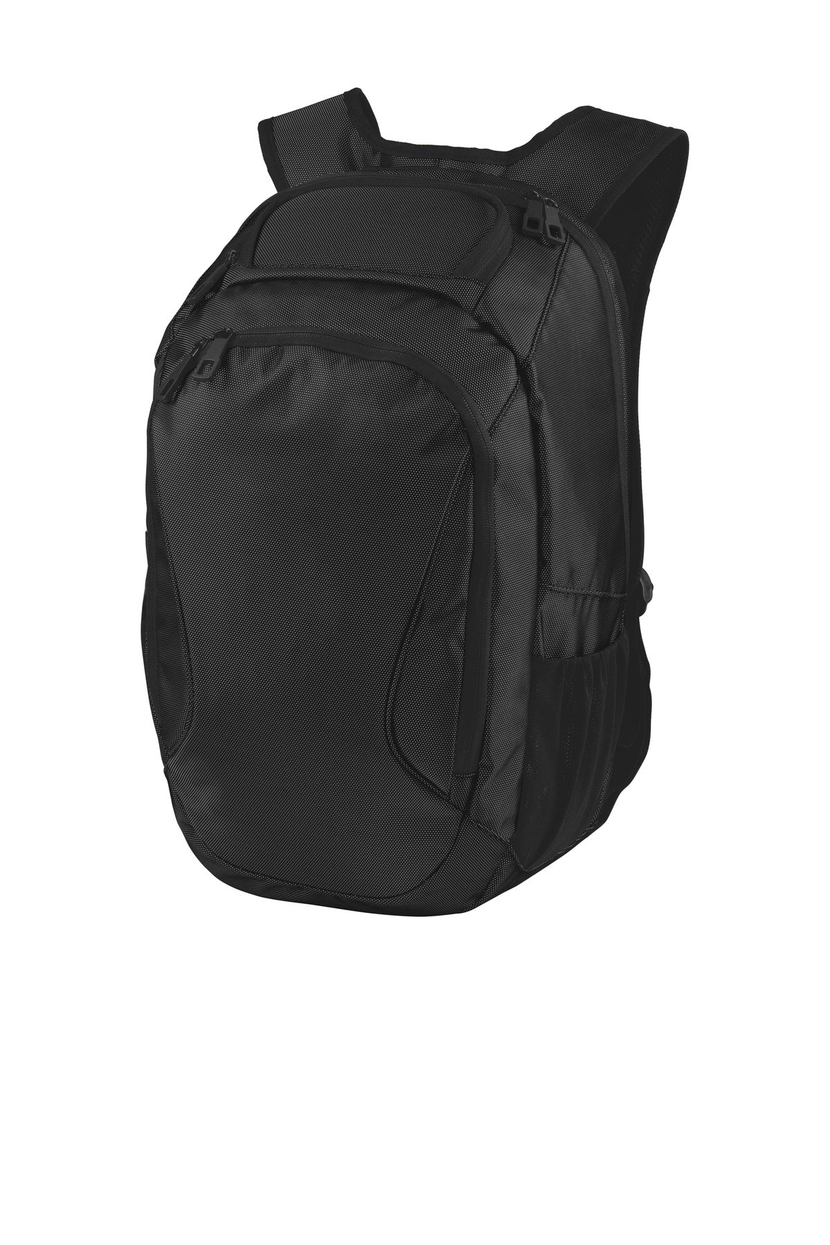 Black Port Authority Form Backpack with flat front design, featuring multiple compartments and adjustable straps for everyday use.