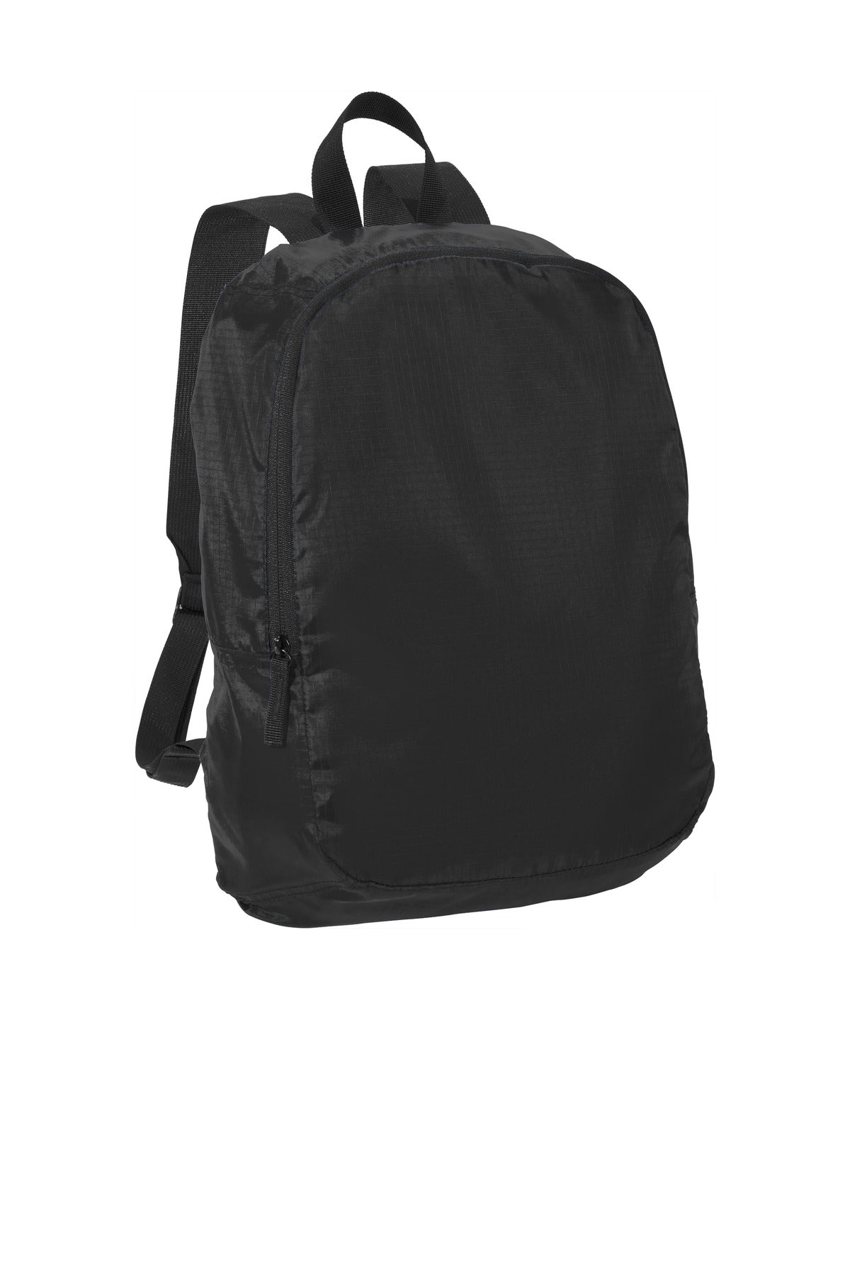 Black Port Authority Crush Ripstop Backpack with front zip pocket and adjustable straps, shown flat front view.