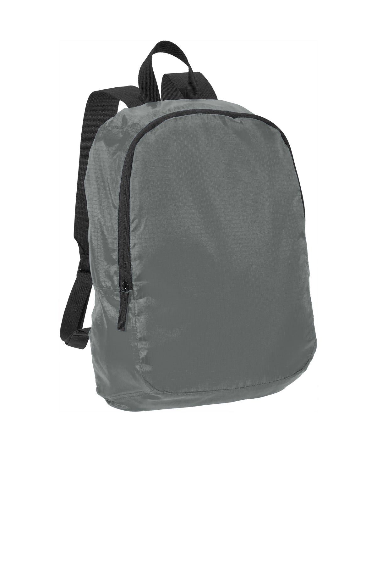 Port Authority Crush Ripstop Backpack BG213 in shadow grey, showing the flat front view with multiple compartments and sturdy design.