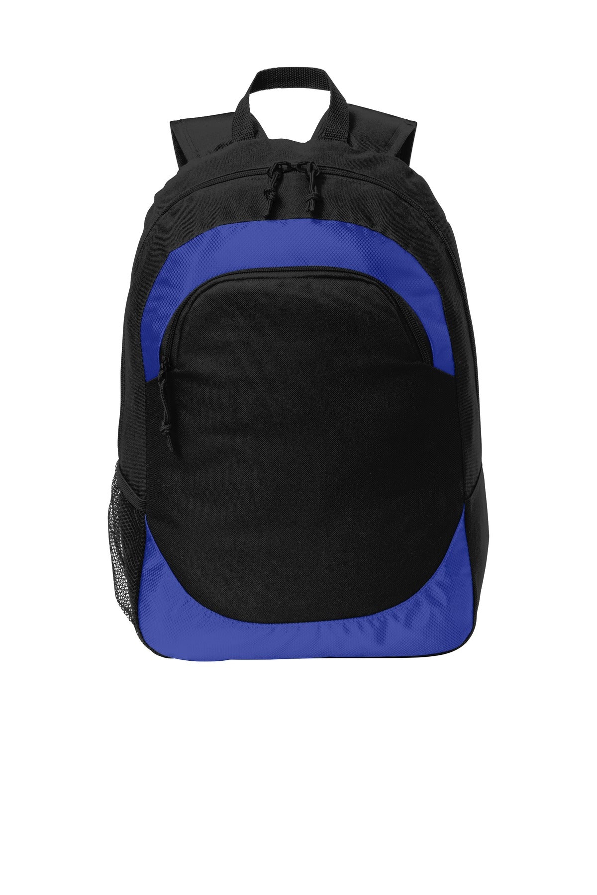Port Authority Circuit Backpack in true royal black, showing a flat view of the stylish, durable backpack with multiple compartments.