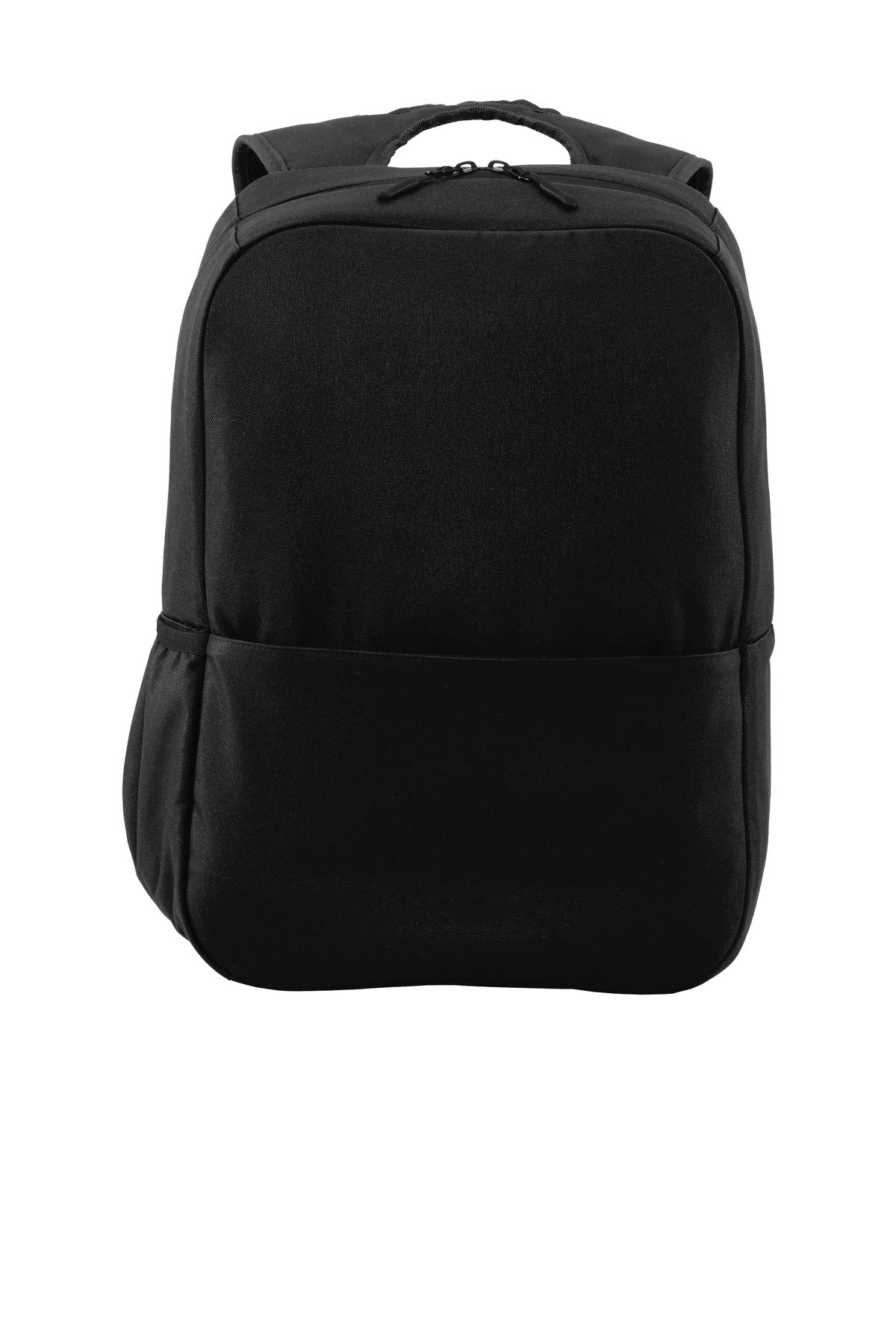 Black Port Authority Access Square Backpack with padded shoulder straps and front zip pocket, designed for everyday use.