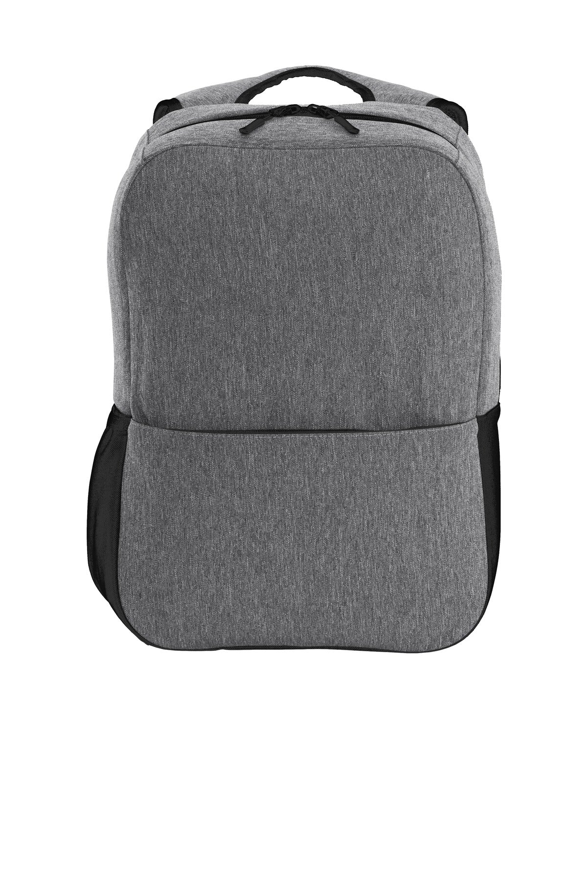 Port Authority Access Square Backpack in Heather Grey and Black, featuring a sleek rectangular design and adjustable shoulder straps.