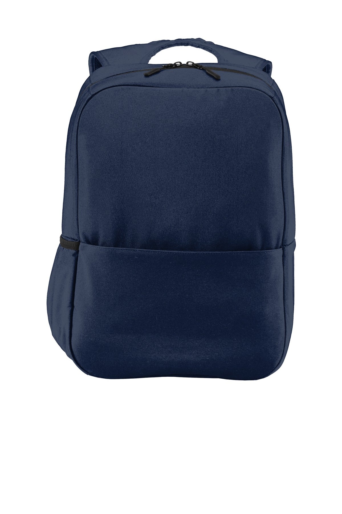 Port Authority Access Square Backpack in river blue and navy, showing the sleek, rectangular design with front zipper pocket.