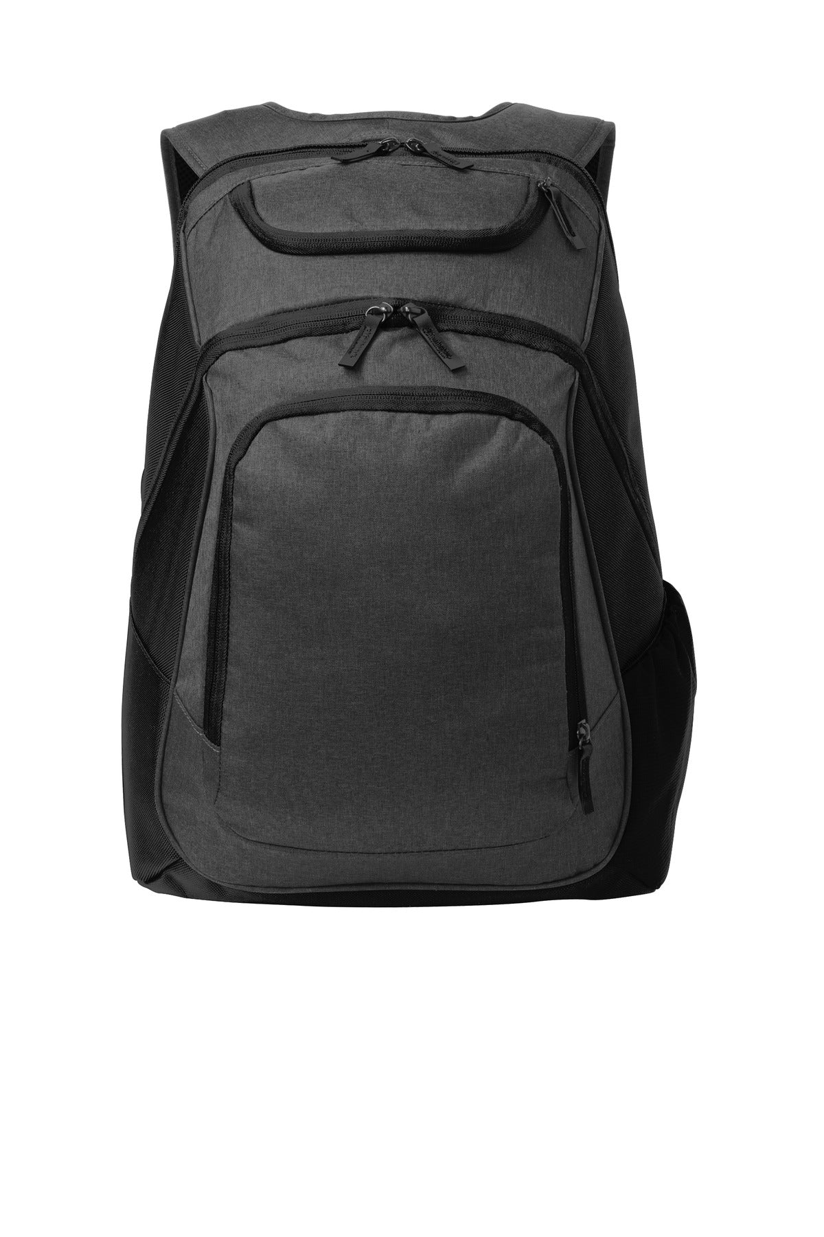 Port Authority Exec Backpack in grey heather and black, showcasing a sleek, professional design with multiple compartments and padded straps.