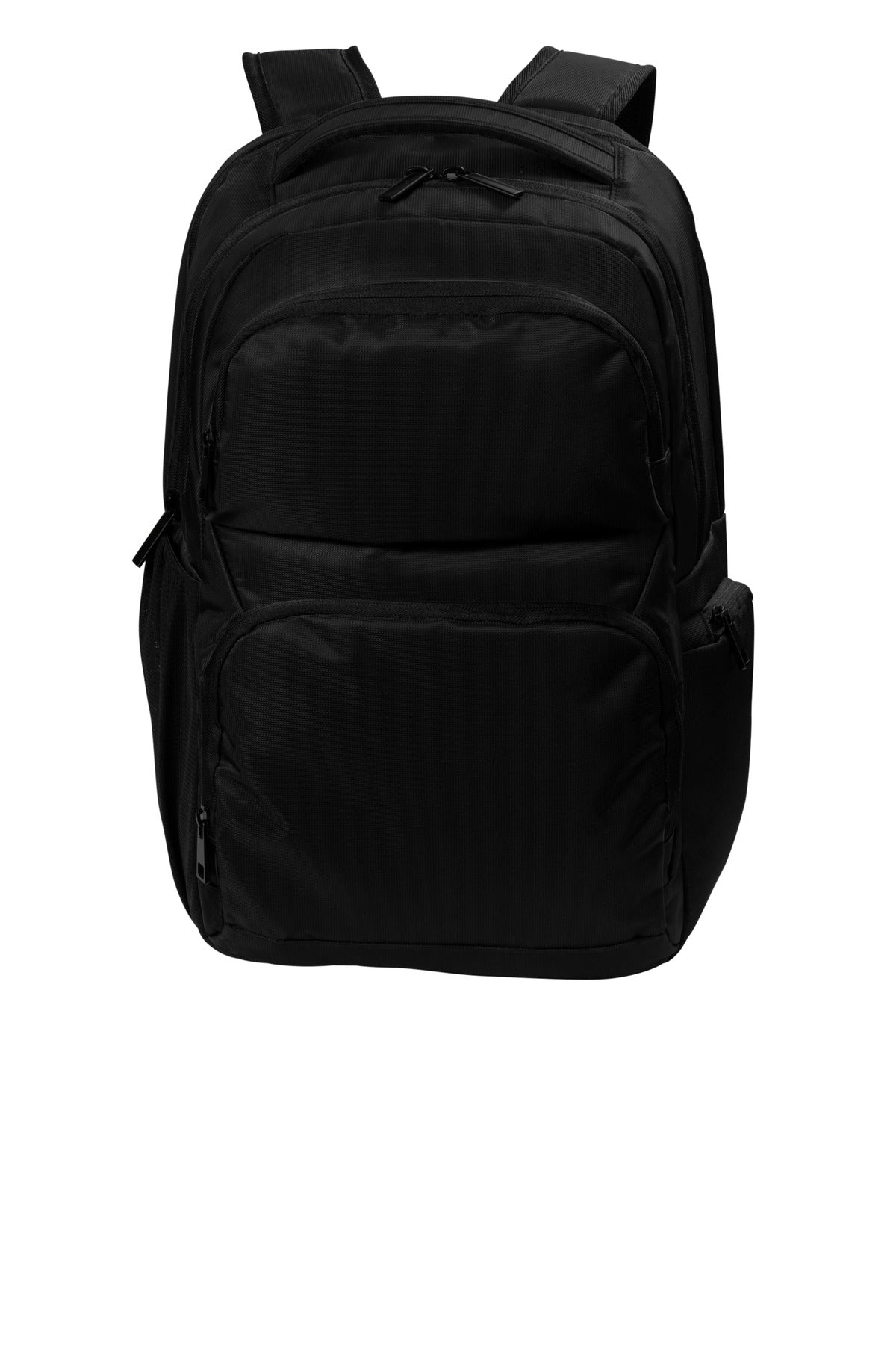 Deep black Port Authority Transit Backpack BG224 with front pocket, adjustable straps, and multiple compartments on a flat front view.
