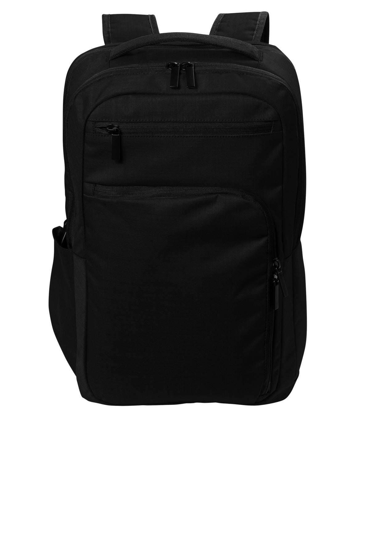 Port Authority Impact Tech Backpack in deep black with front pocket and padded straps, designed for carrying tech gear and everyday essentials.