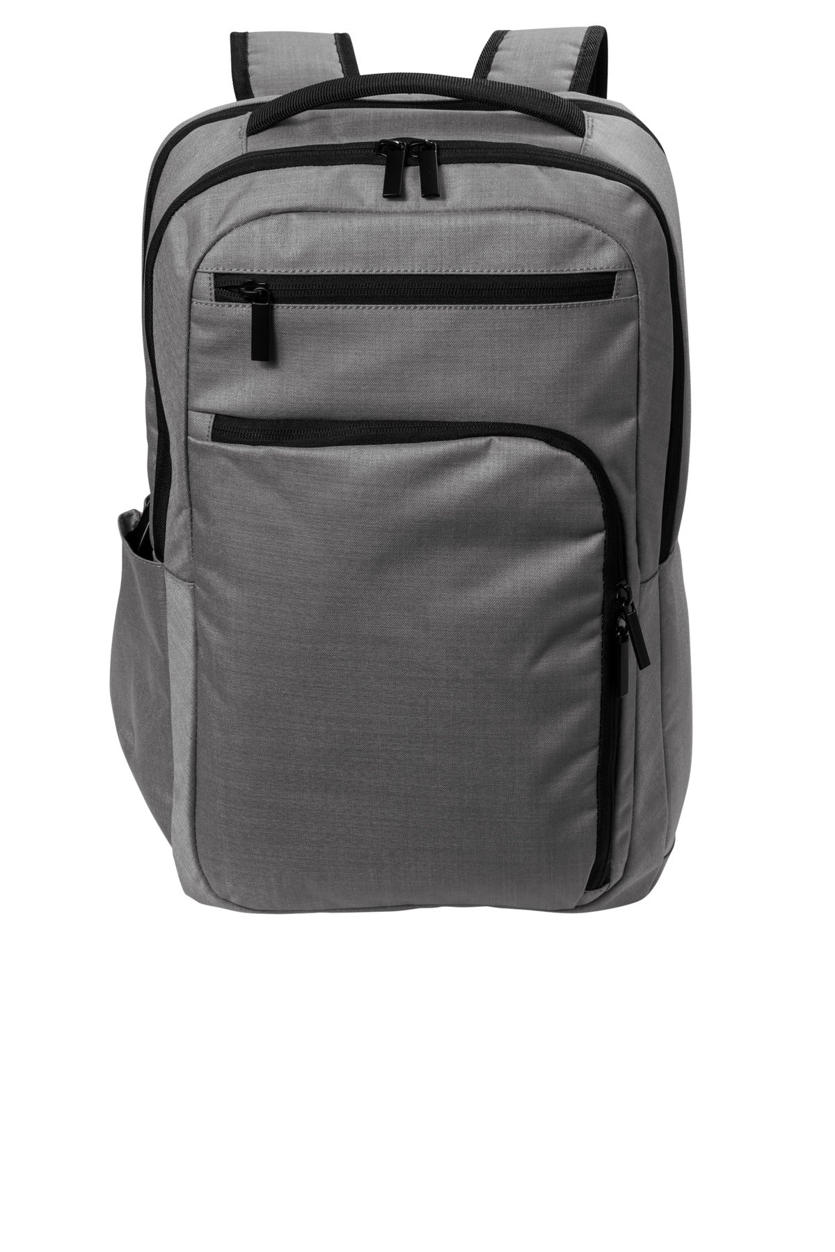 Port Authority Impact Tech Backpack in gusty grey heather with flat front design, ideal for carrying tech gadgets and daily essentials.