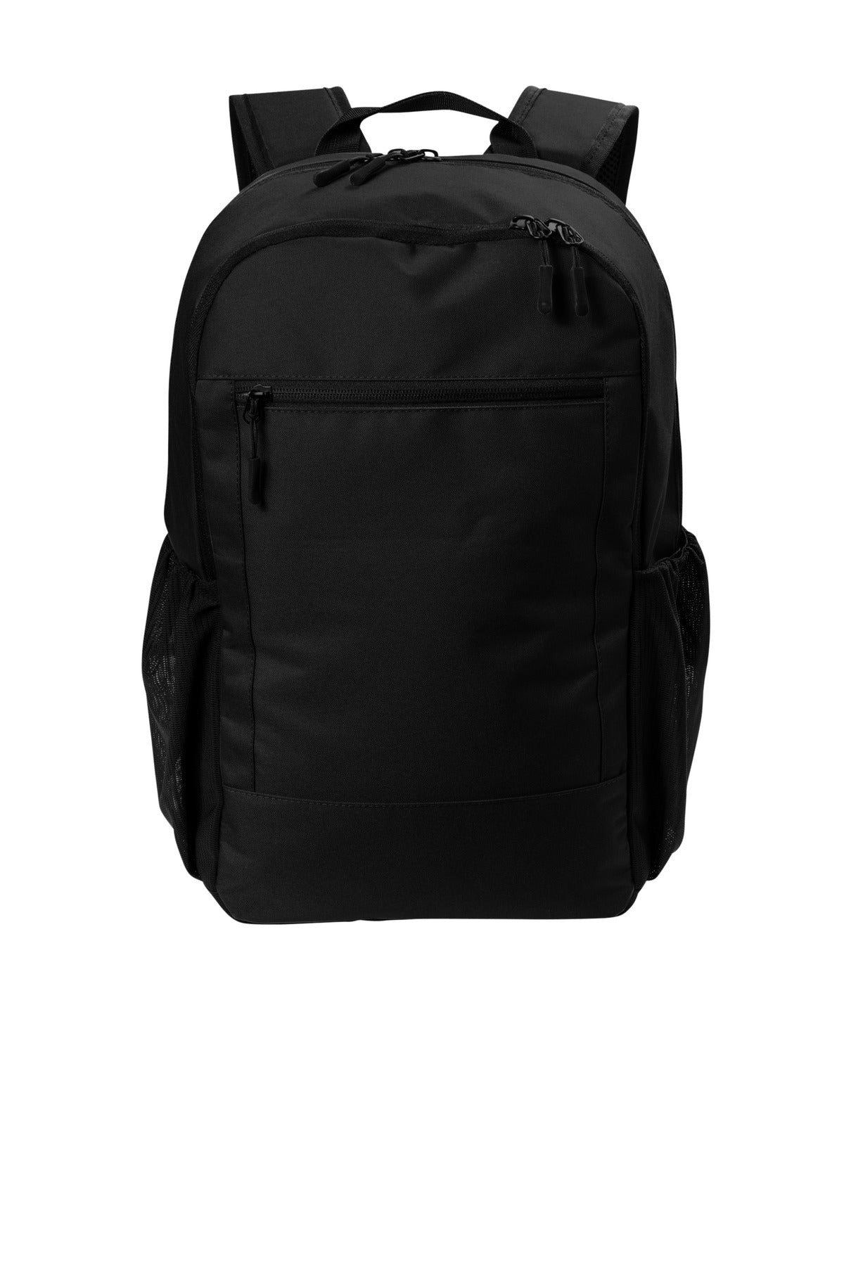Black Port Authority Daily Commute Backpack with front pocket and padded shoulder straps, shown flat from the front.