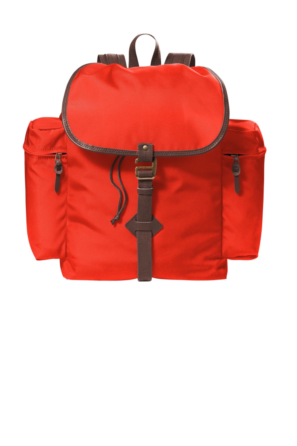 Port Authority The Original Pack backpack in fiery red, flat front view showing adjustable straps and sleek design.