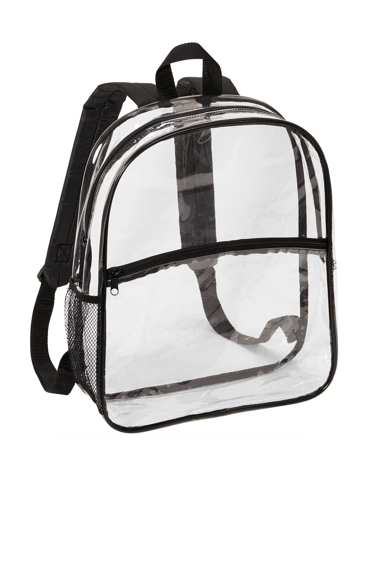 Port Authority clear black backpack with front view, showing its transparent design and sturdy straps.