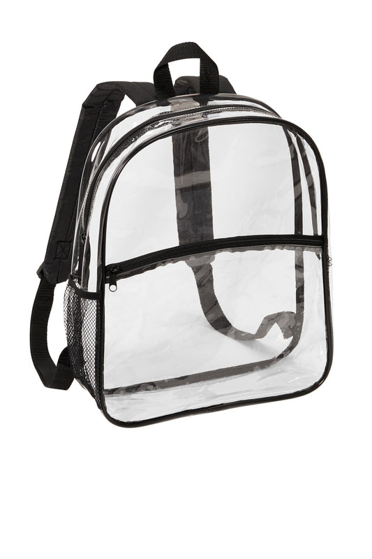 Port Authority clear black backpack with front view, showing its transparent design and sturdy straps.