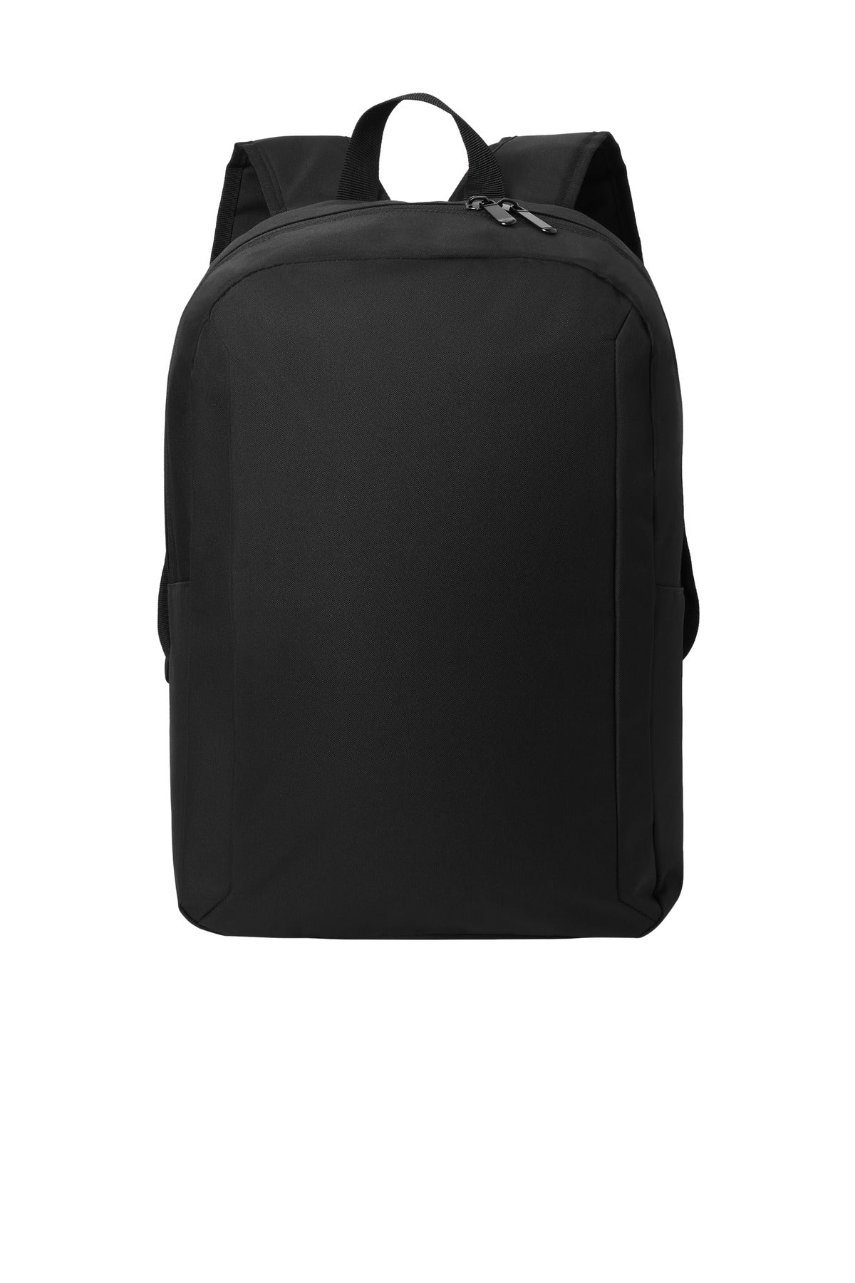 Black Port Authority Modern Backpack BG231 with front pocket and adjustable straps, shown from a flat front view.