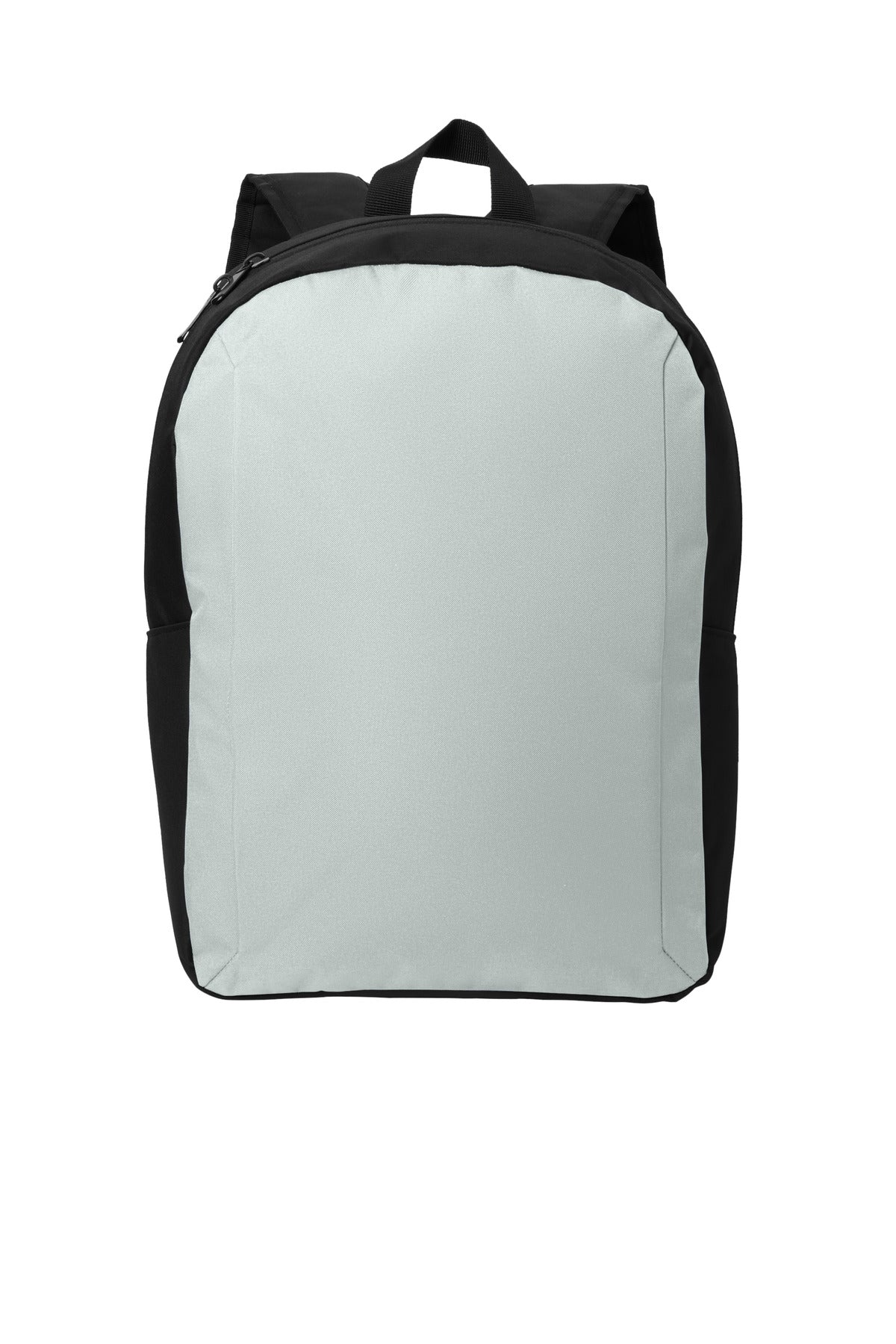 Port Authority Modern Backpack in grey and black, featuring multiple compartments and adjustable straps, on a flat front view.