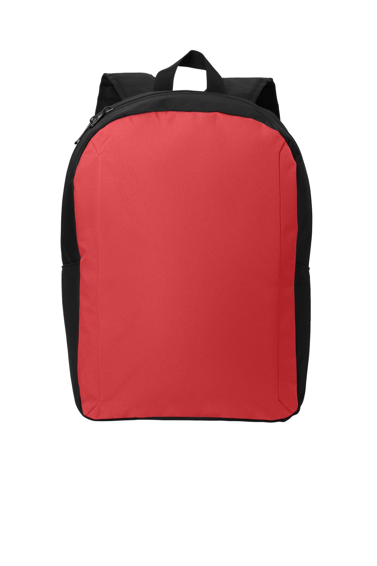Port Authority Modern Backpack in rich red and black fabric, featuring a sleek flat front design and multiple compartments.