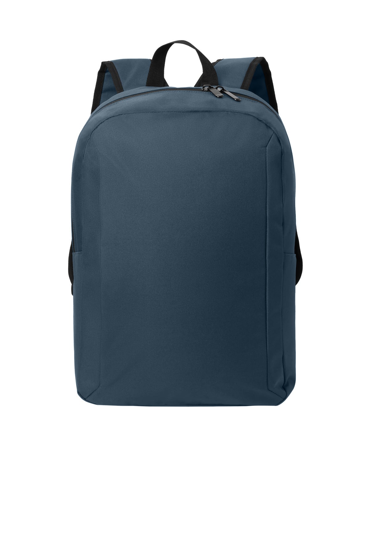 Port Authority Modern Backpack in navy blue featuring a flat front design and multiple compartments for everyday use.