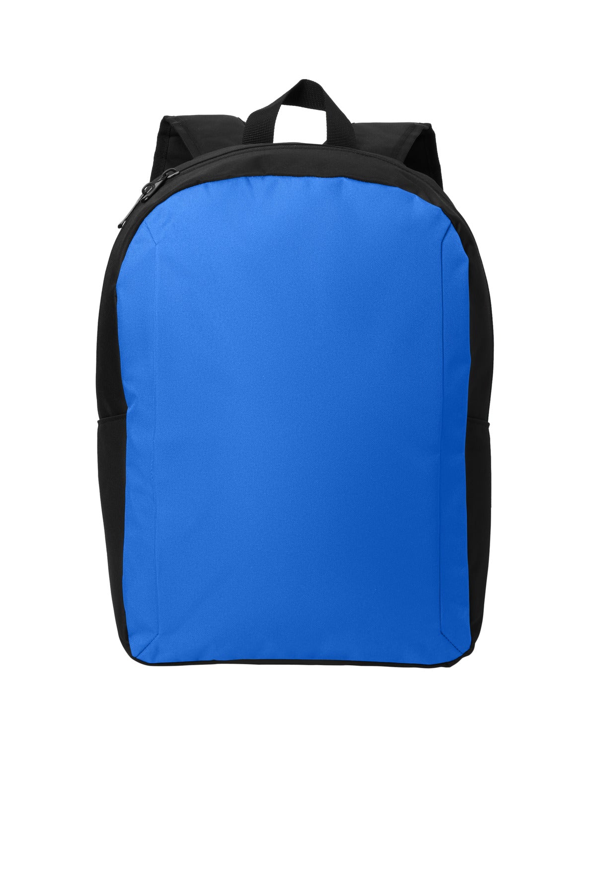 Port Authority Modern Backpack in royal blue and black, shown from the front with multiple compartments and adjustable straps.