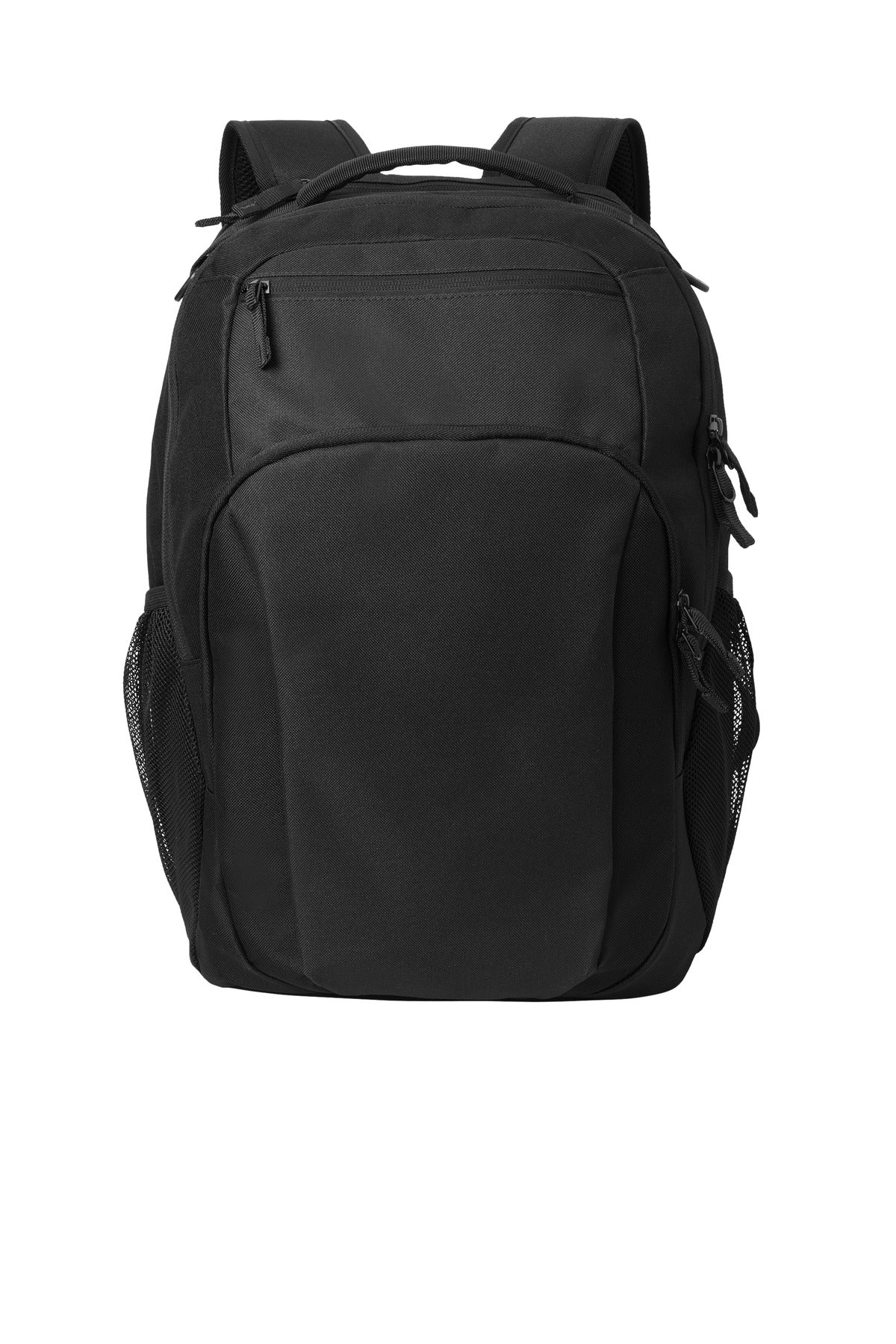 Port Authority transport backpack in black with front pocket and adjustable straps, designed for carrying essentials comfortably.