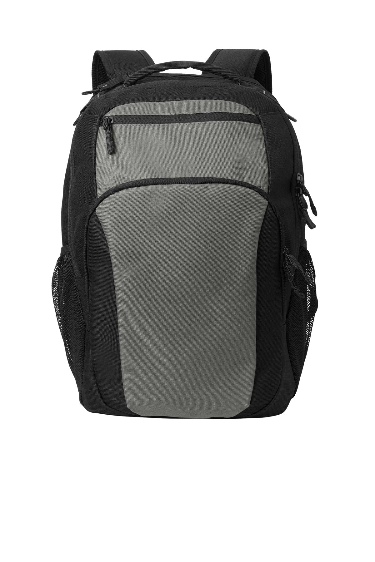Port Authority Transport Backpack in grey and black with multiple compartments, padded shoulder straps, and sturdy design.