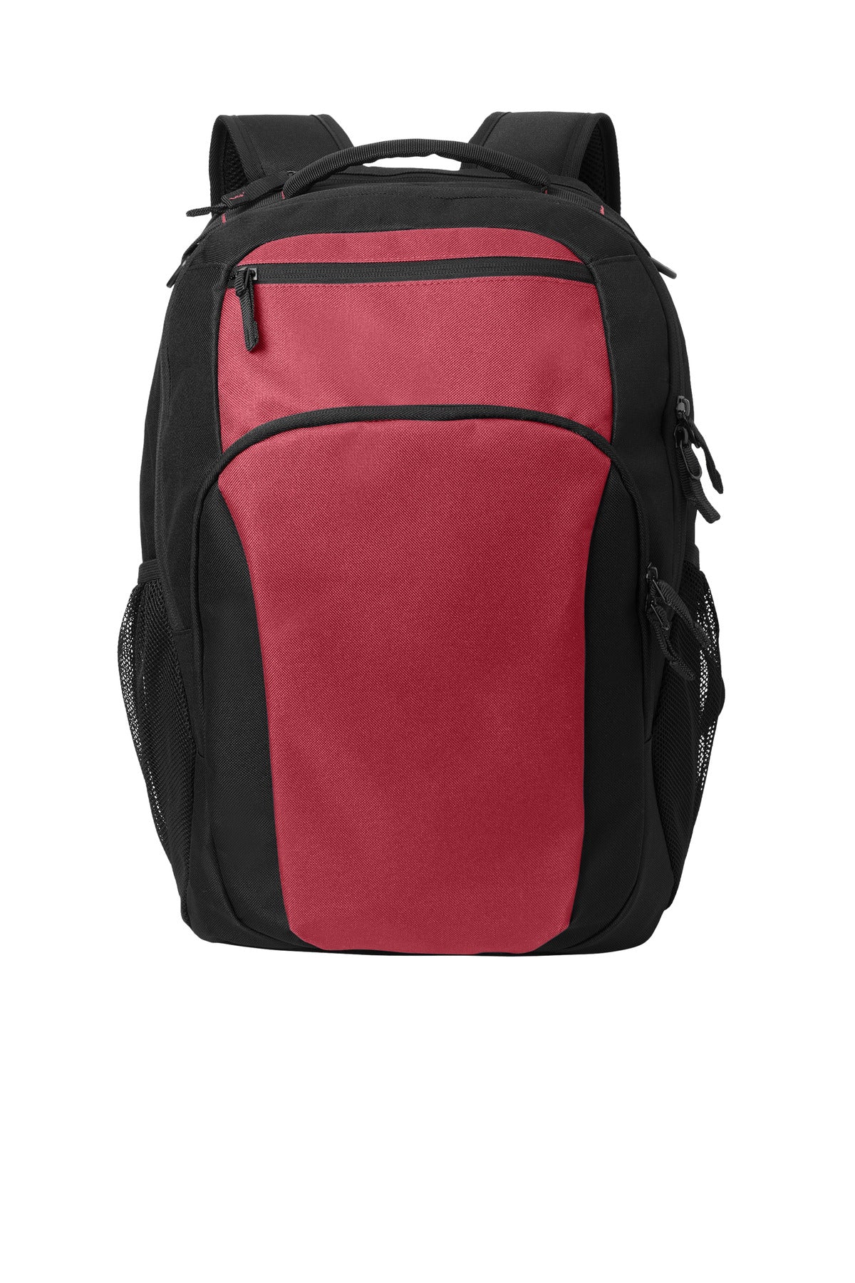 Port Authority Transport Backpack in rich red and black, featuring a sleek flat front design and multiple compartments.