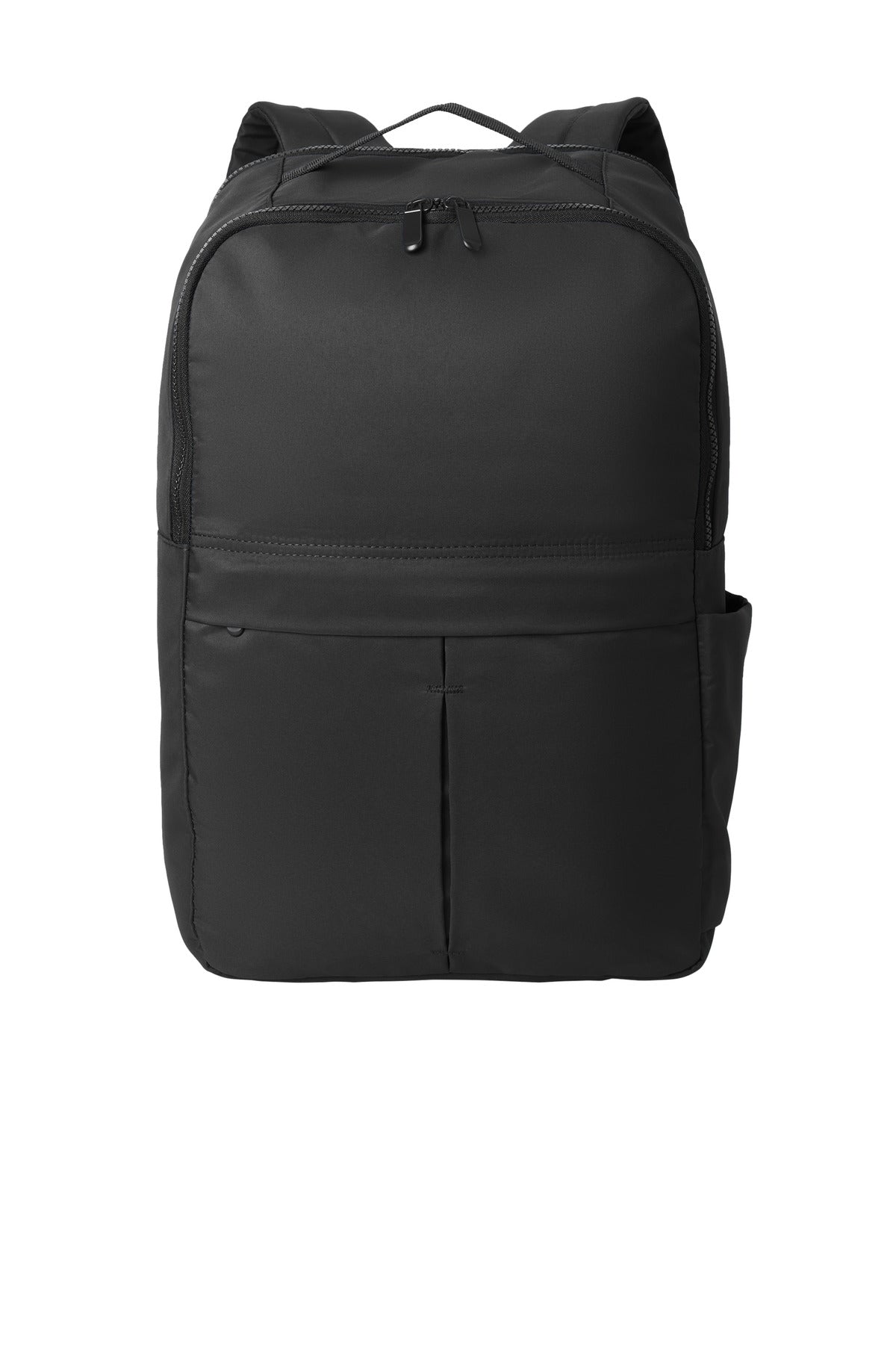 Port Authority matte black backpack with front zip pocket and padded shoulder straps, shown from a flat front view.