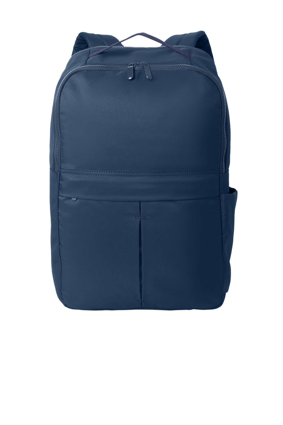 Port Authority matte backpack in navy blue with front pockets and adjustable straps, shown from the flat front view.