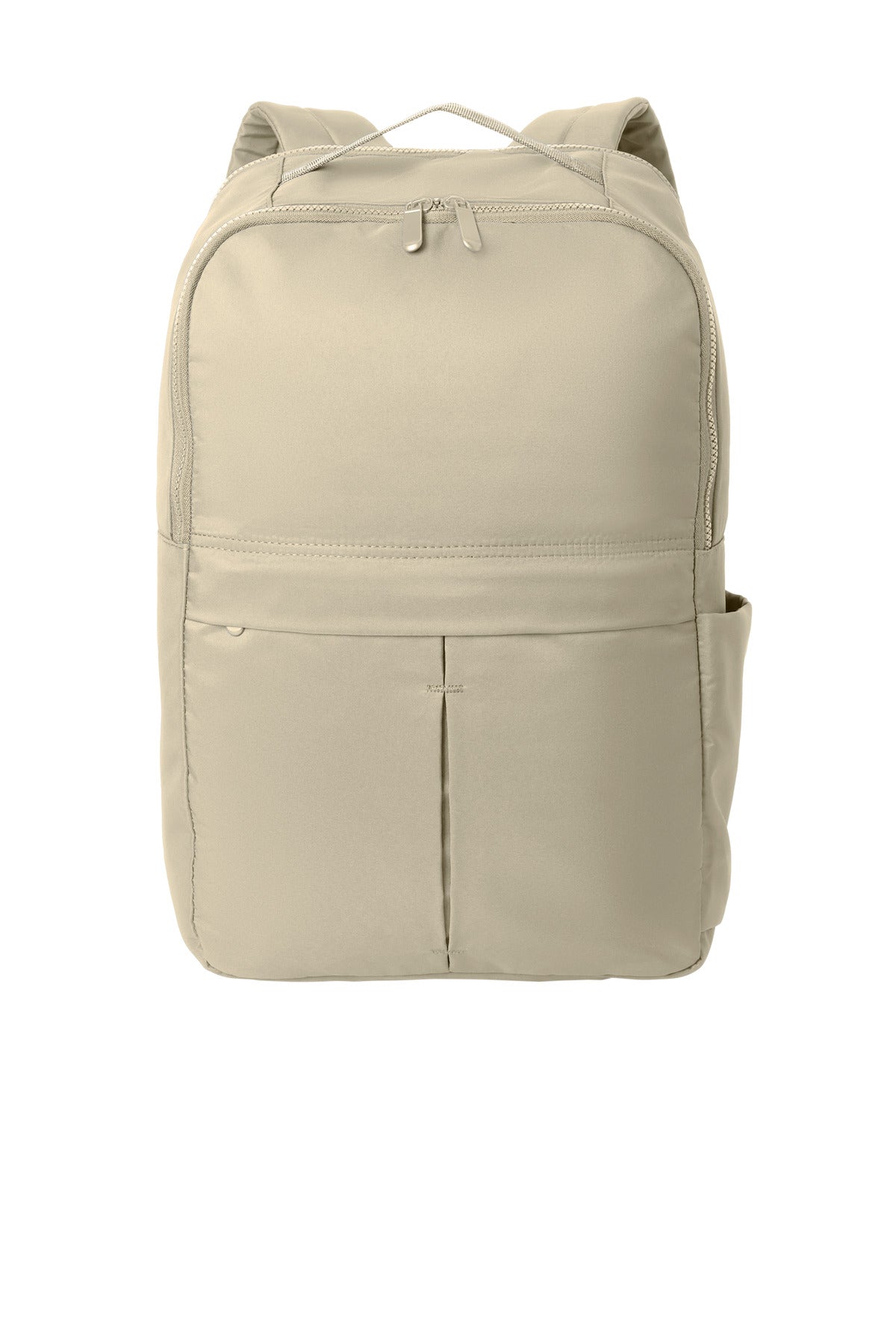 Port Authority Matte Backpack in Sahara color, front view showing multiple compartments and adjustable straps.
