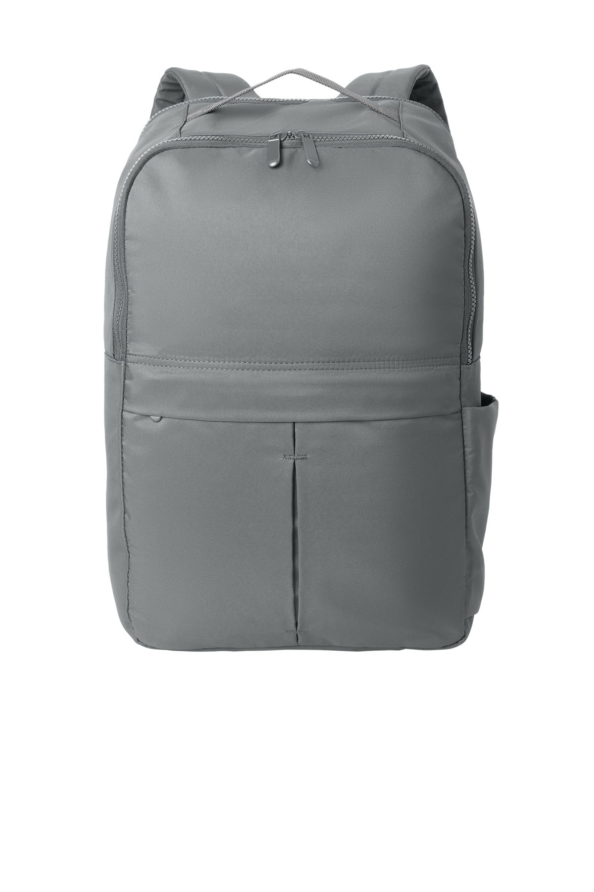 Port Authority matte backpack in storm grey with front zip pocket and adjustable shoulder straps, shown from the flat front view.