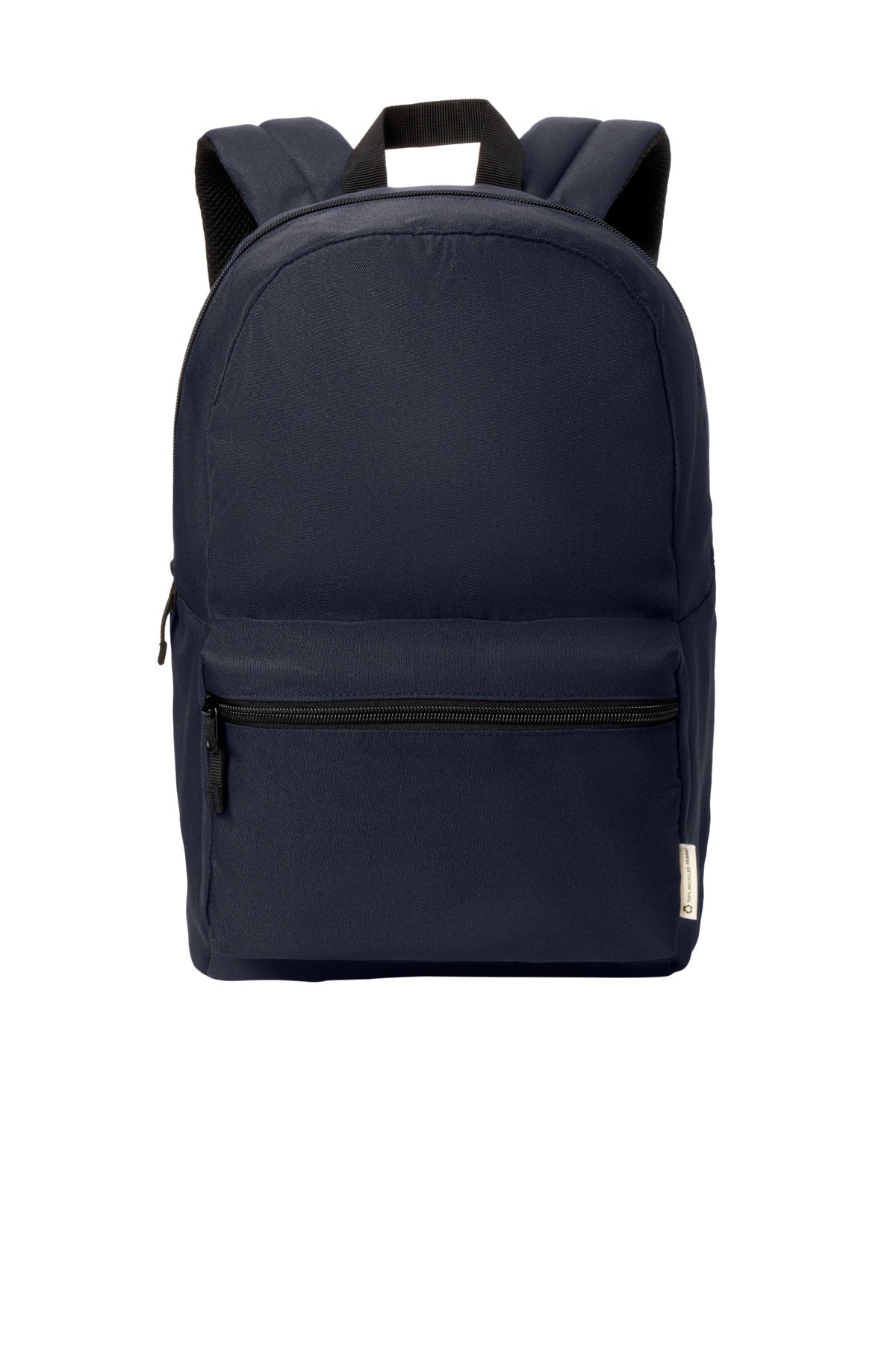 Port Authority C-FREE recycled backpack in true navy, front view showing multiple compartments and adjustable straps.