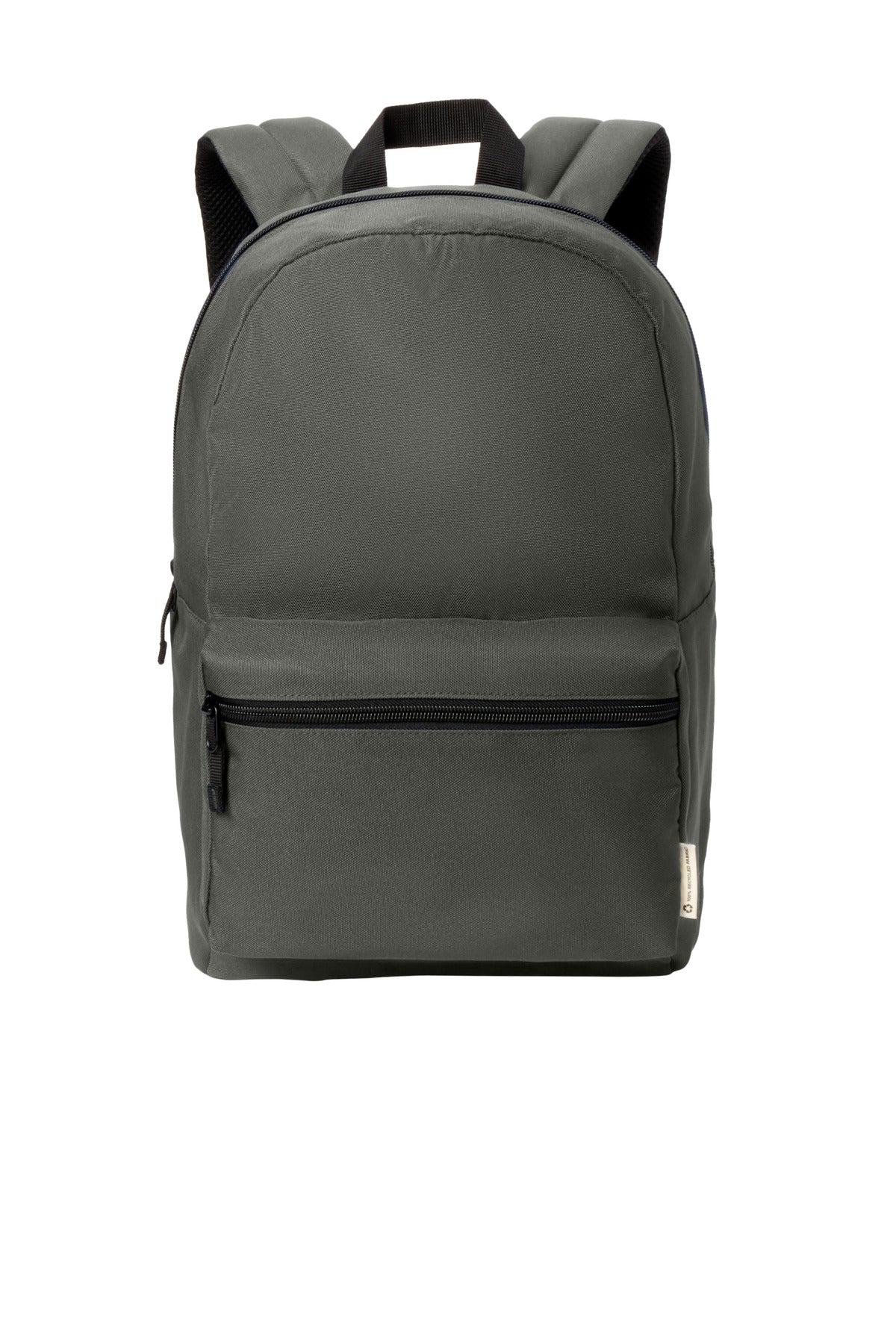 Gray Port Authority C-FREE recycled backpack with flat front pocket and adjustable straps, designed for eco-friendly carrying.