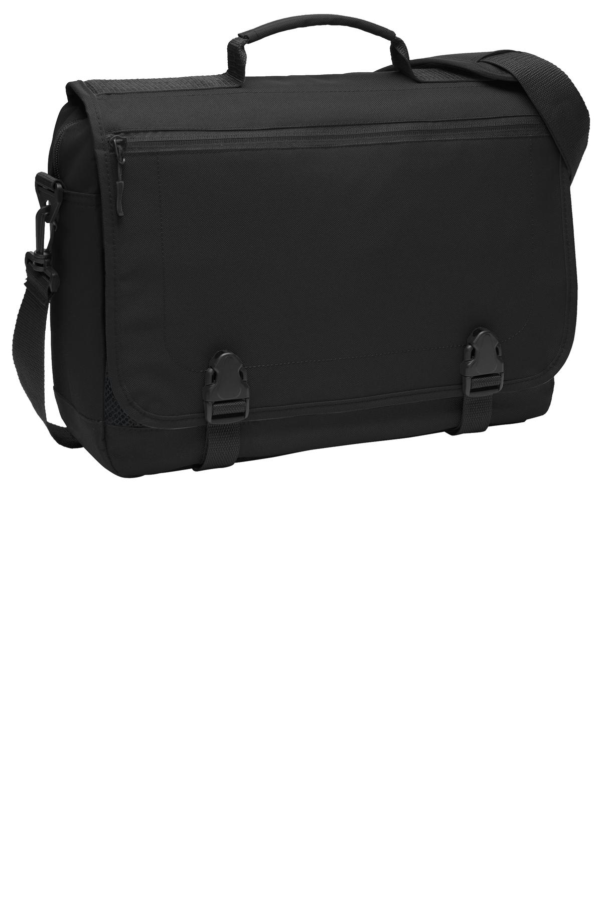 Black Port Authority messenger briefcase with front flap and adjustable shoulder strap, designed for professional carrying.