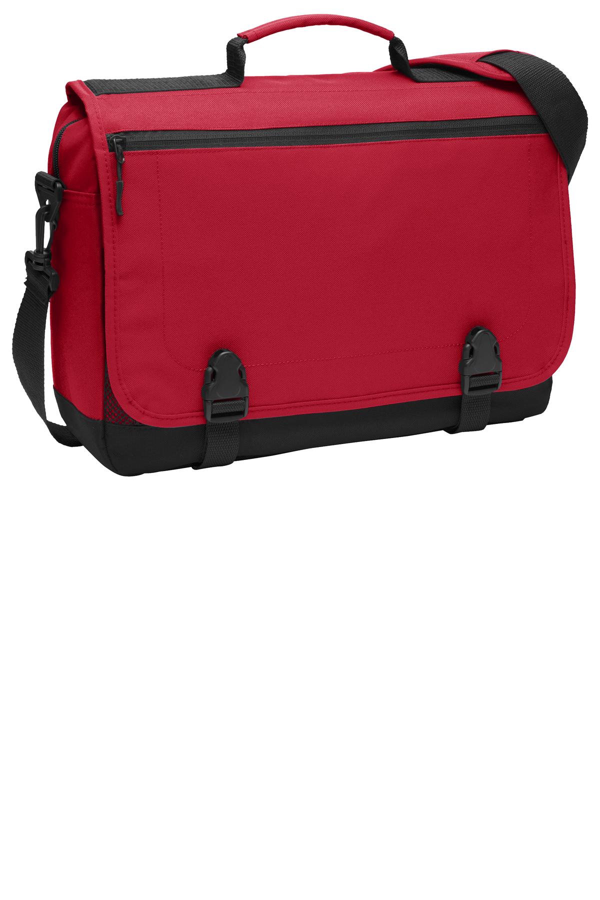 Red Port Authority messenger briefcase with front flap and adjustable shoulder strap, designed for modern business use.