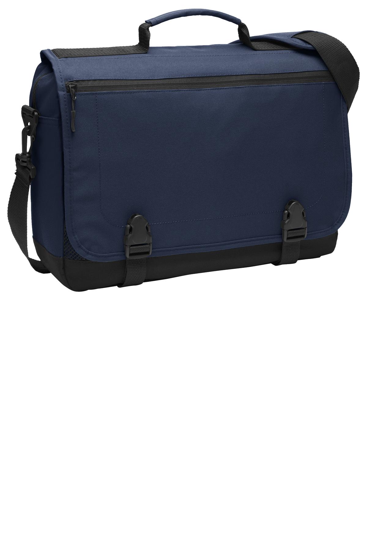 Navy Port Authority messenger briefcase with front flap and adjustable shoulder strap, designed for professional use.