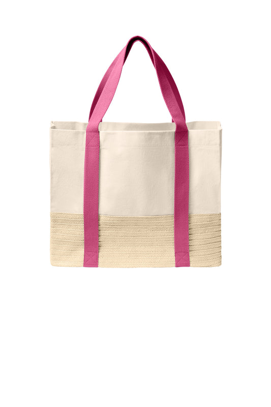 Port Authority Straw Market Tote in awareness pink, front view showing woven straw design and sturdy handles.