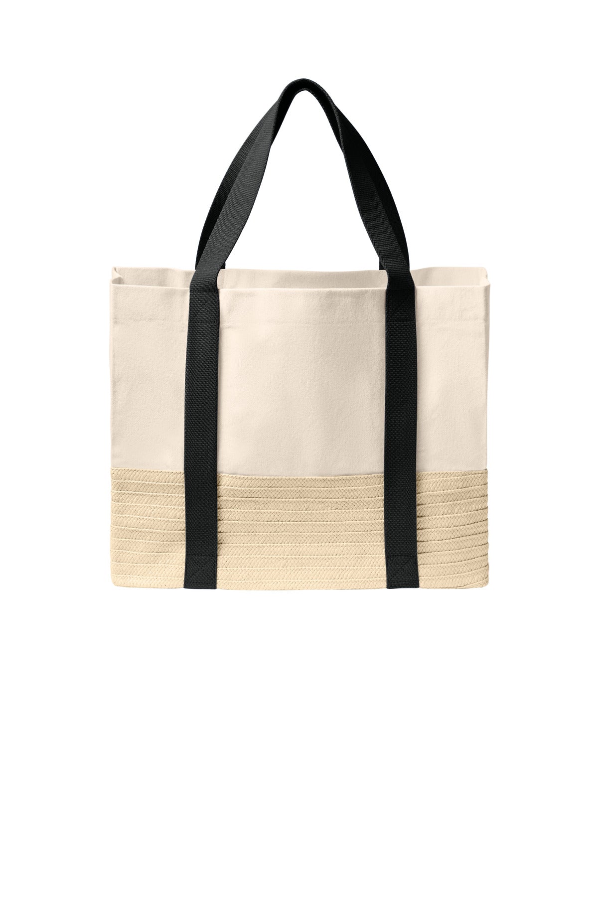 Port Authority Straw Market Tote in deep black, front view showcasing sturdy handles and spacious design.