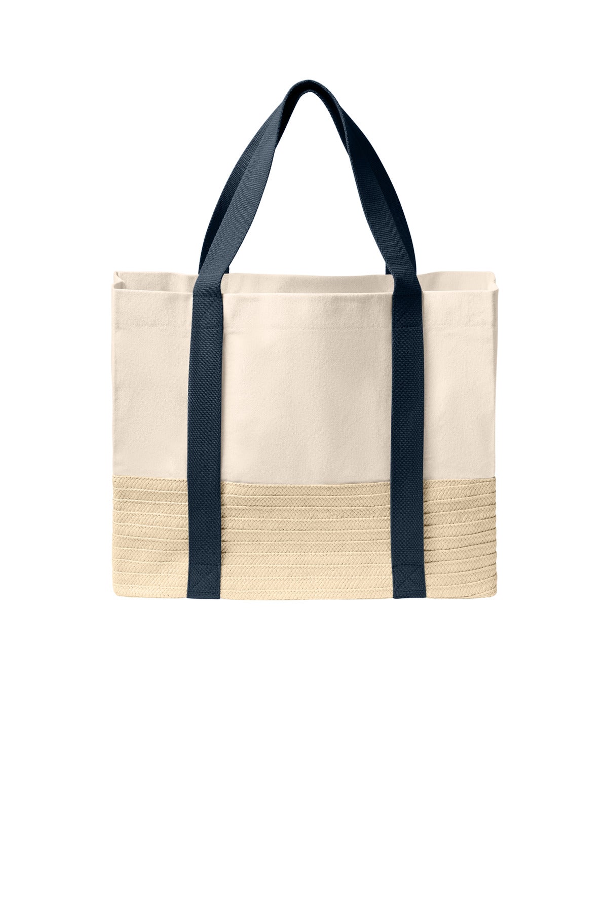 Port Authority Straw Market Tote in river blue and navy, front view showing woven straw material and sturdy handles.