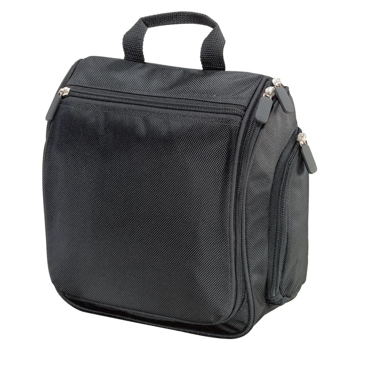 Black Port Authority® hanging toiletry kit with zippered compartments and hanging hook for travel organization.