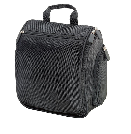 Black Port Authority® hanging toiletry kit with zippered compartments and hanging hook for travel organization.