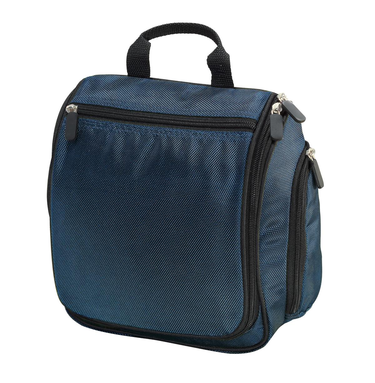 Dark steel blue Port Authority hanging toiletry kit with hanging hook and multiple compartments for travel organization.