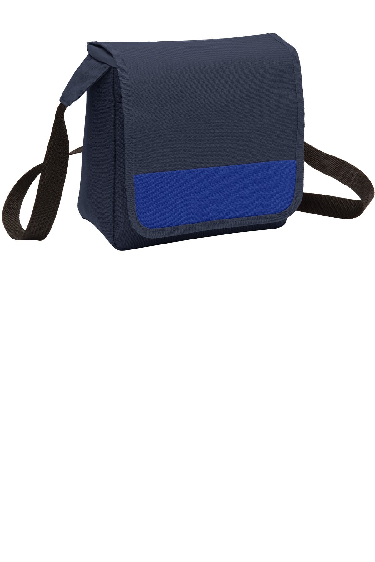Port Authority lunch cooler messenger bag in navy and twilight blue with front pocket and adjustable shoulder strap.