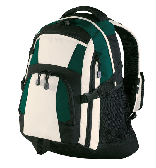 Port Authority Urban Backpack in hunter green with multiple compartments and padded shoulder straps, ideal for work or travel.