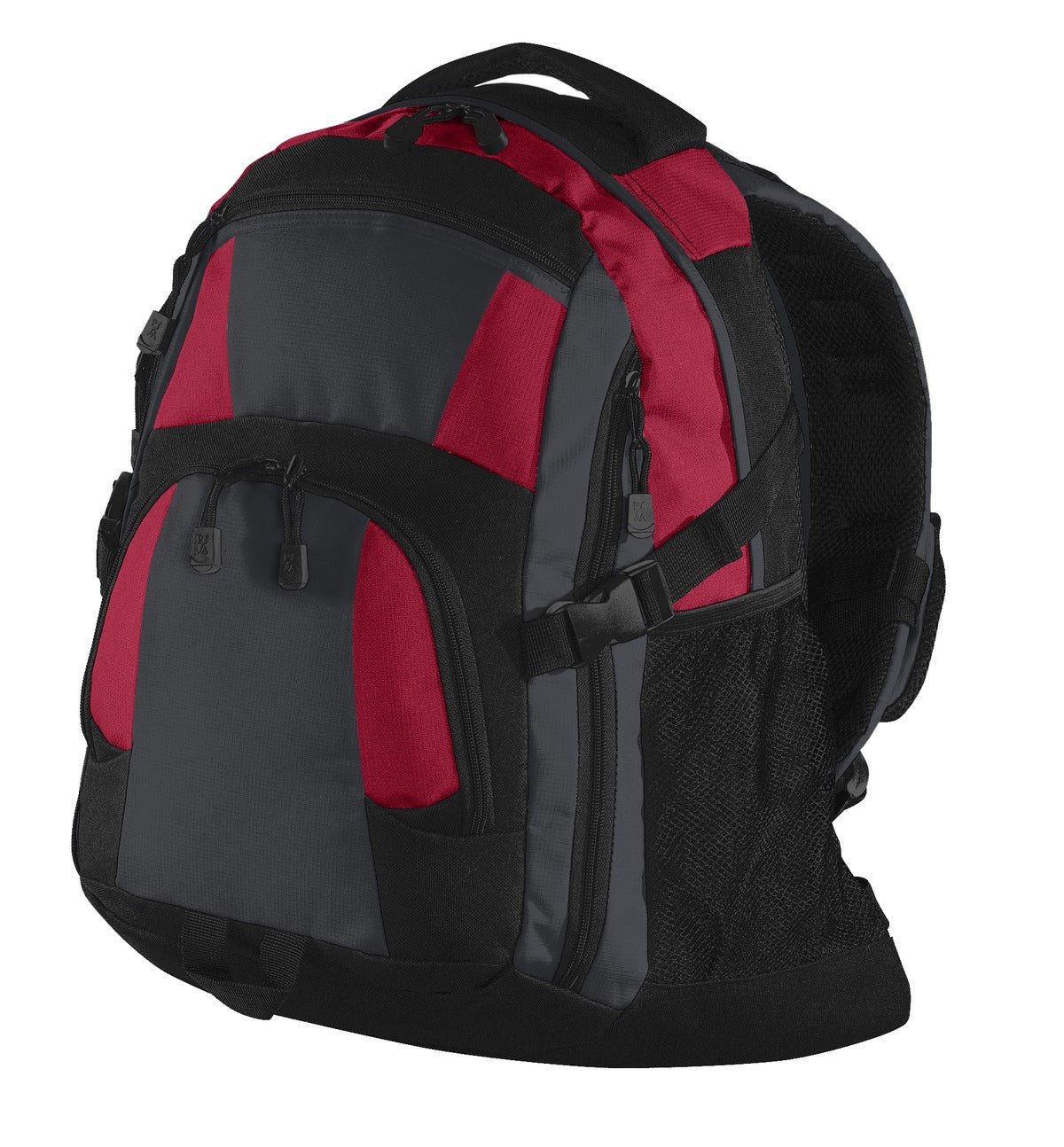 Red, gray, and black Port Authority Urban Backpack front view showing multiple compartments and adjustable straps.
