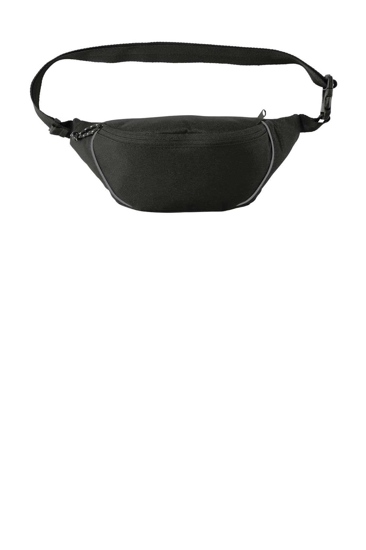 Port Authority hip pack in black with flat front design, compact and versatile accessory for carrying essentials.