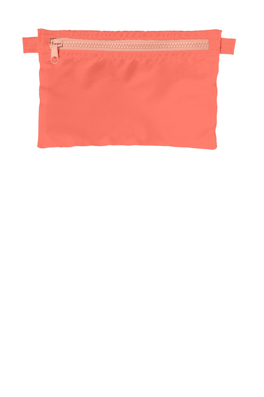 Port Authority stash pouches in coral soft color, flat front view, showcasing compact design and vibrant fabric for versatile storage.