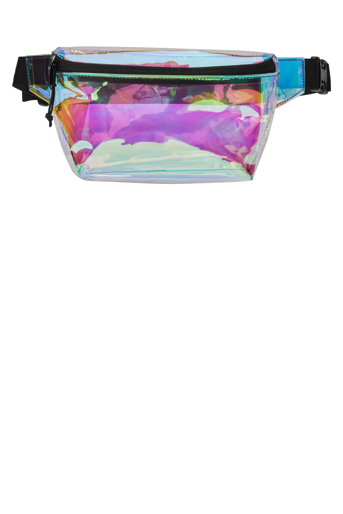 Port Authority clear hip pack with iridescent black finish, showing a flat front view of the transparent bag with adjustable strap.