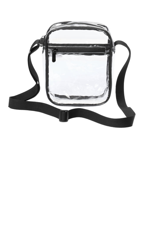 Port Authority clear crossbody bag with black accents, showing front view with adjustable strap and transparent design.