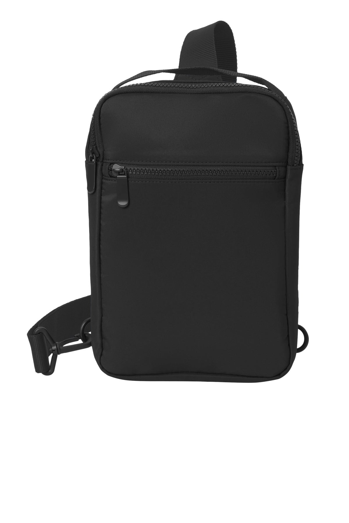 Port Authority matte sling bag in deep black, front view showing smooth textured material and sleek design.