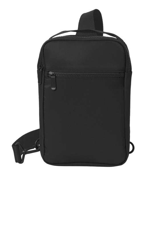 Port Authority matte sling bag in deep black, front view showing smooth textured material and sleek design.