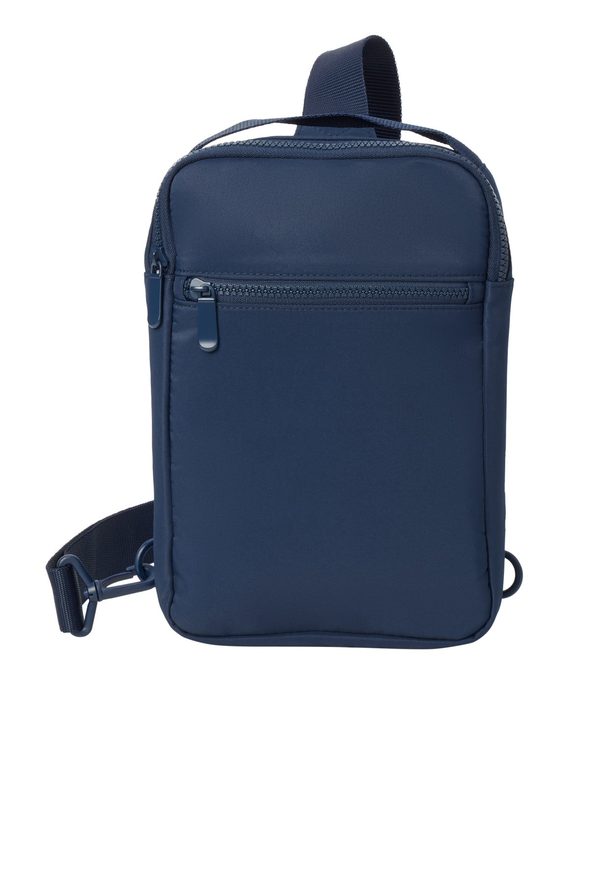 Port Authority matte sling bag in river blue and navy with a flat front design, stylish and functional accessory for everyday use.