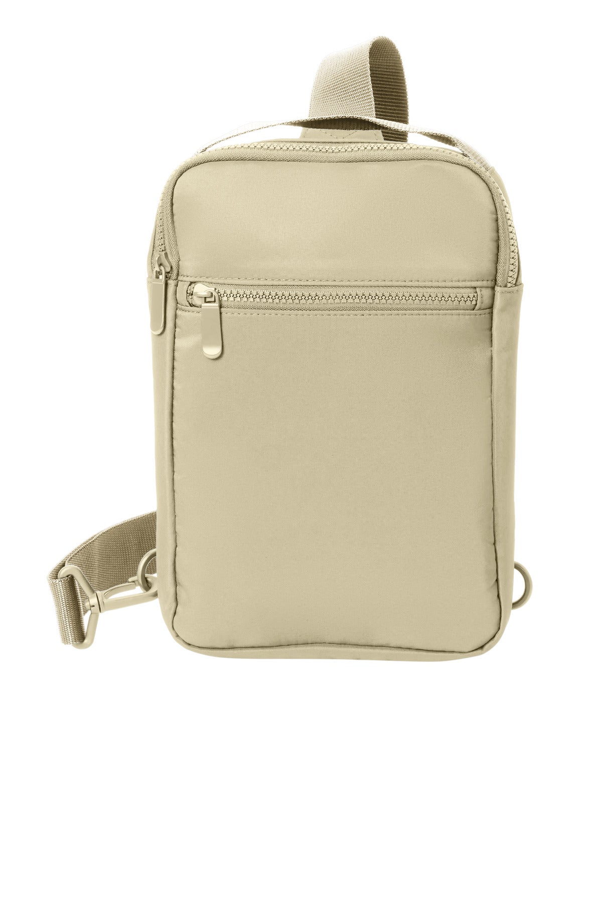 Port Authority matte sling bag in Sahara color, front view showing sleek design and adjustable strap.